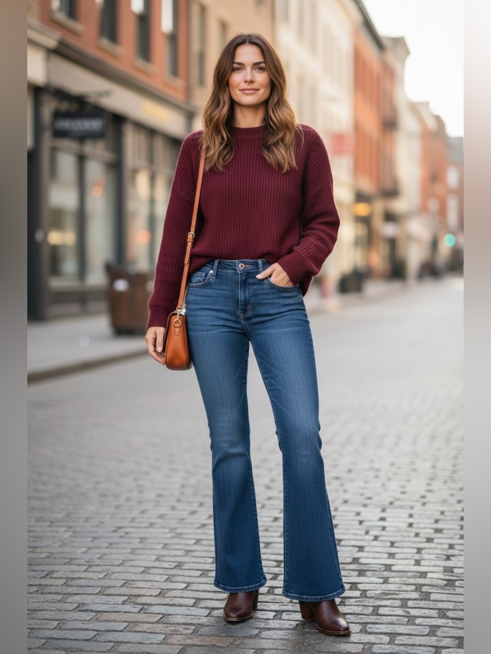 Hudson Jeans High-Rise Flare in Medium Blue with Burgundy Sweater